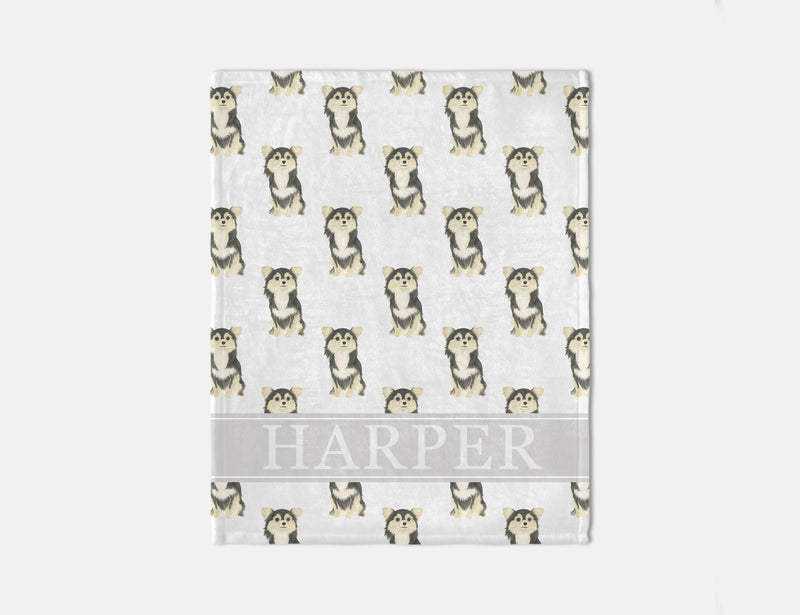 Personalized Chihuahua (Long Haired, Tricolor) Minky Baby Blanket