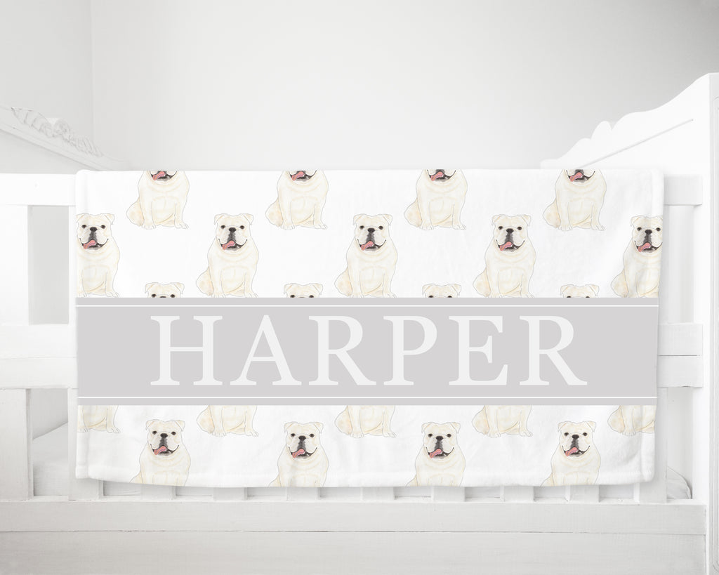 Personalized English Bulldog (White) Minky Baby Blanket