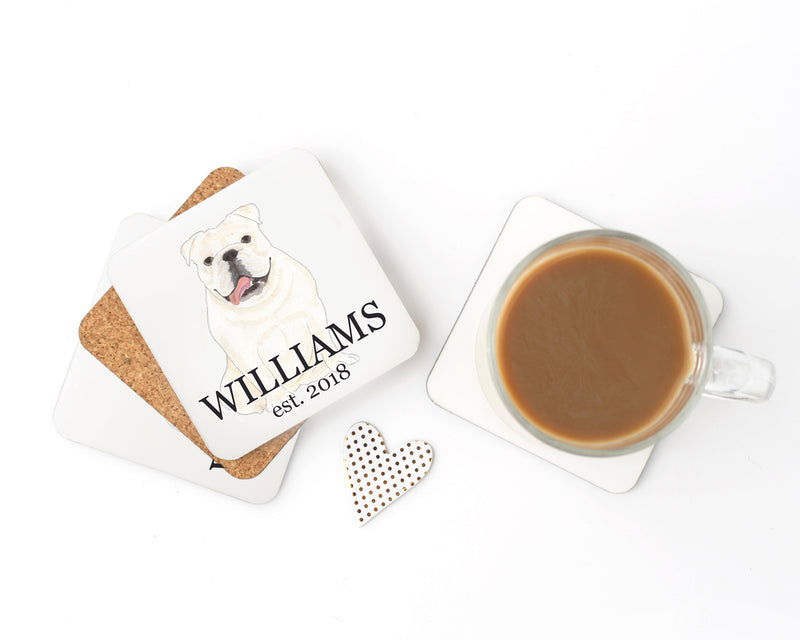 Personalized English Bulldog (White) Cork Back Coasters