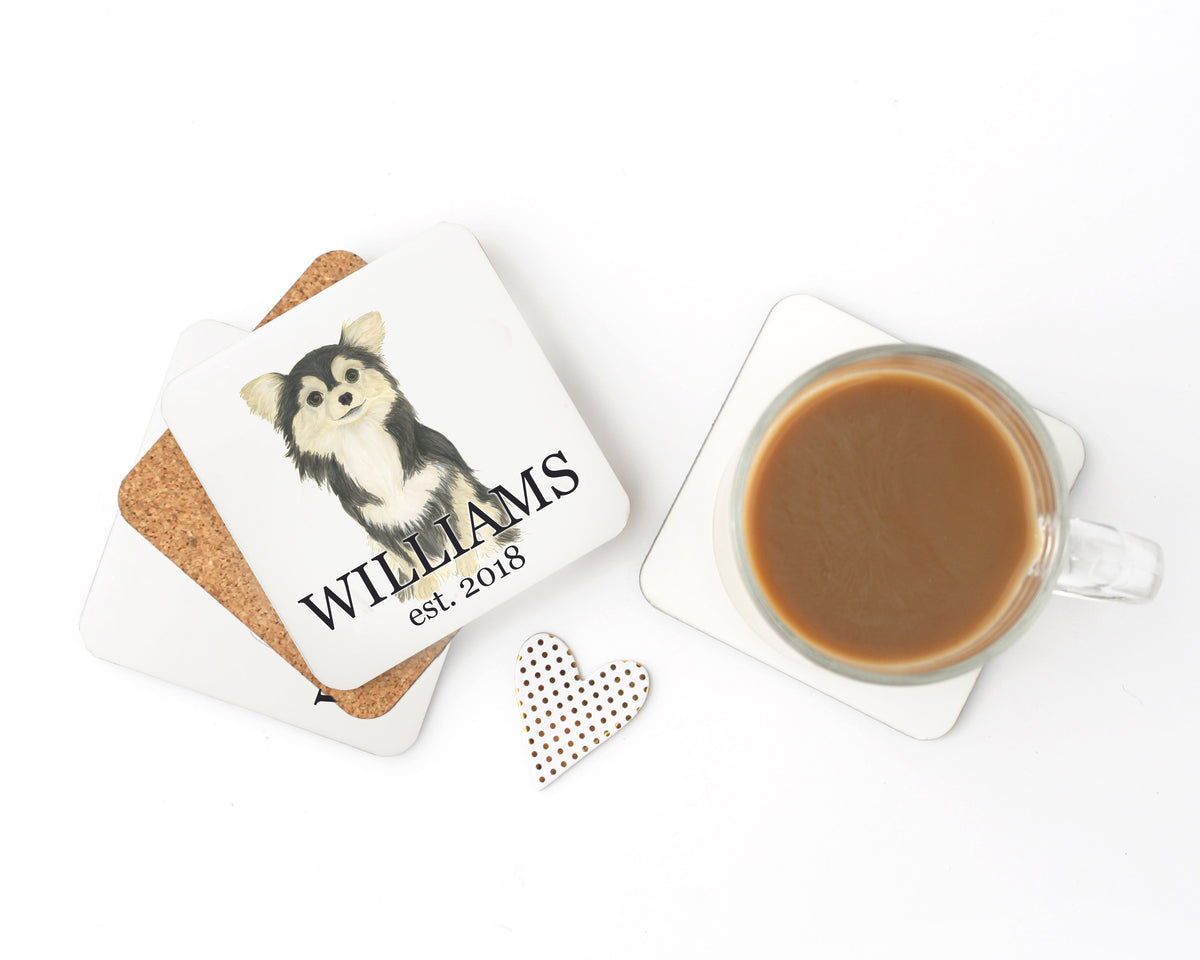 Personalized Chihuahua (Longhaired, Tricolor) Cork Back Coasters