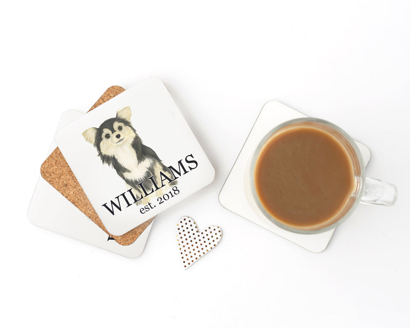 Personalized Chihuahua (Longhaired, Tricolor) Cork Back Coasters