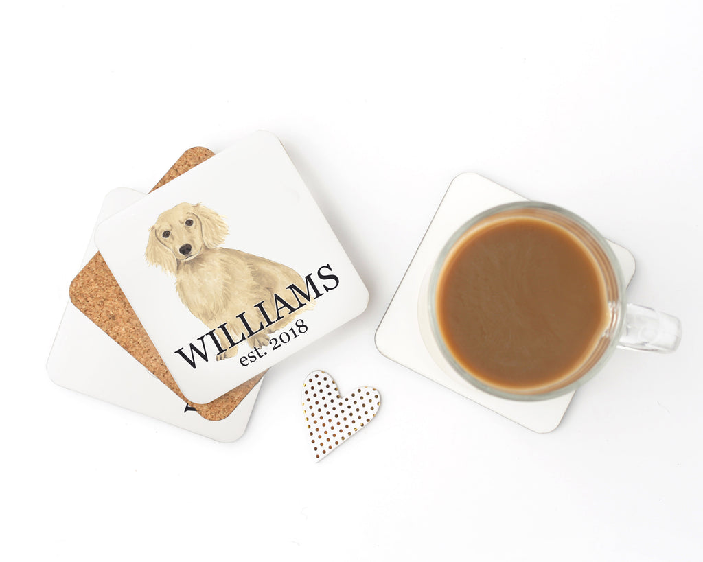Personalized Dachshund (Long Haired, Cream) Cork Back Coasters