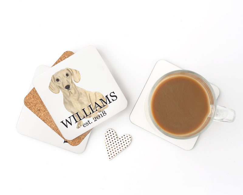 Personalized Dachshund (Smooth, Fawn) Cork Back Coasters