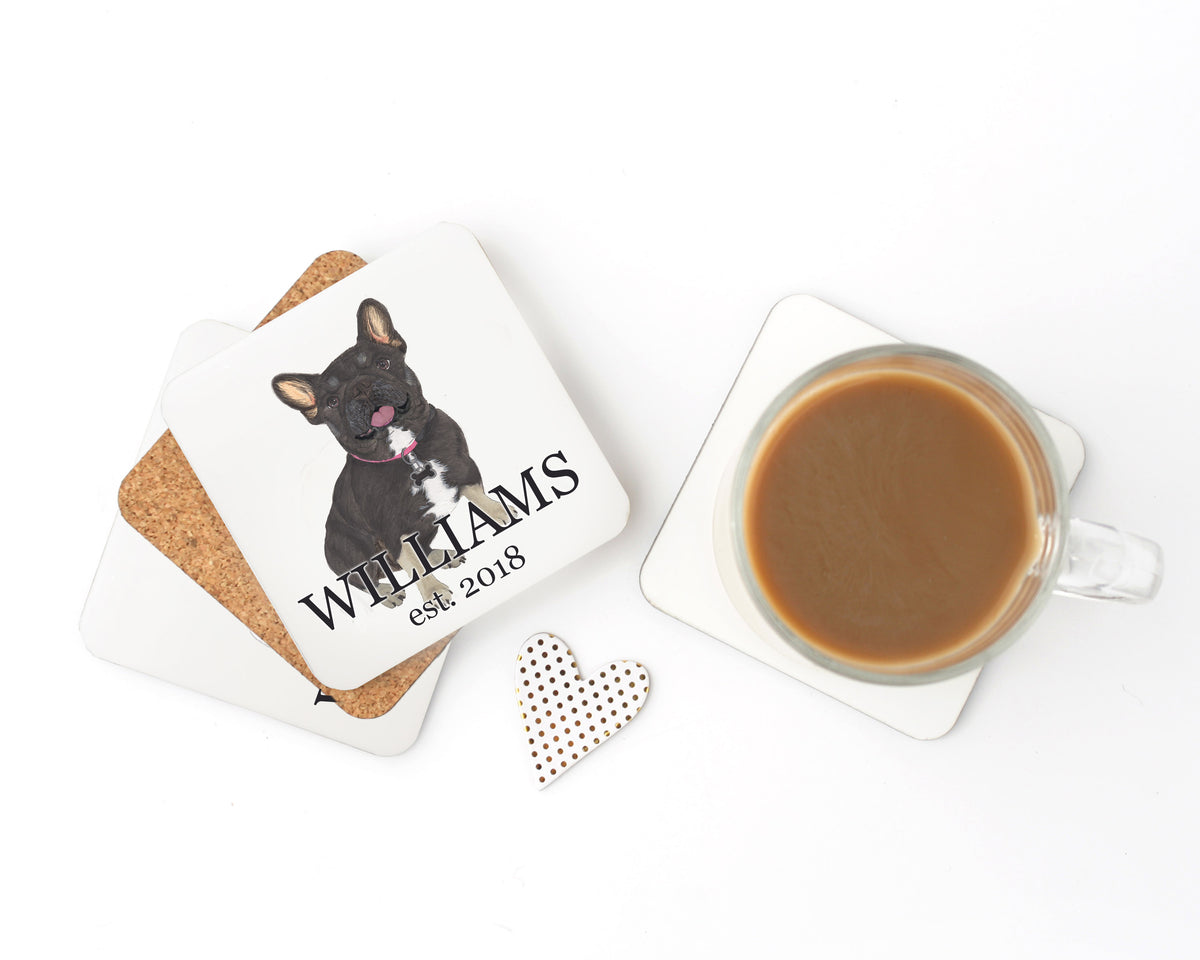 Personalized French Bulldog (Black & Tan Tricolor) Cork Back Coasters