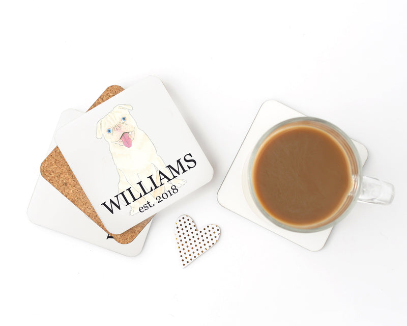 Personalized Pug (White) Cork Back Coasters