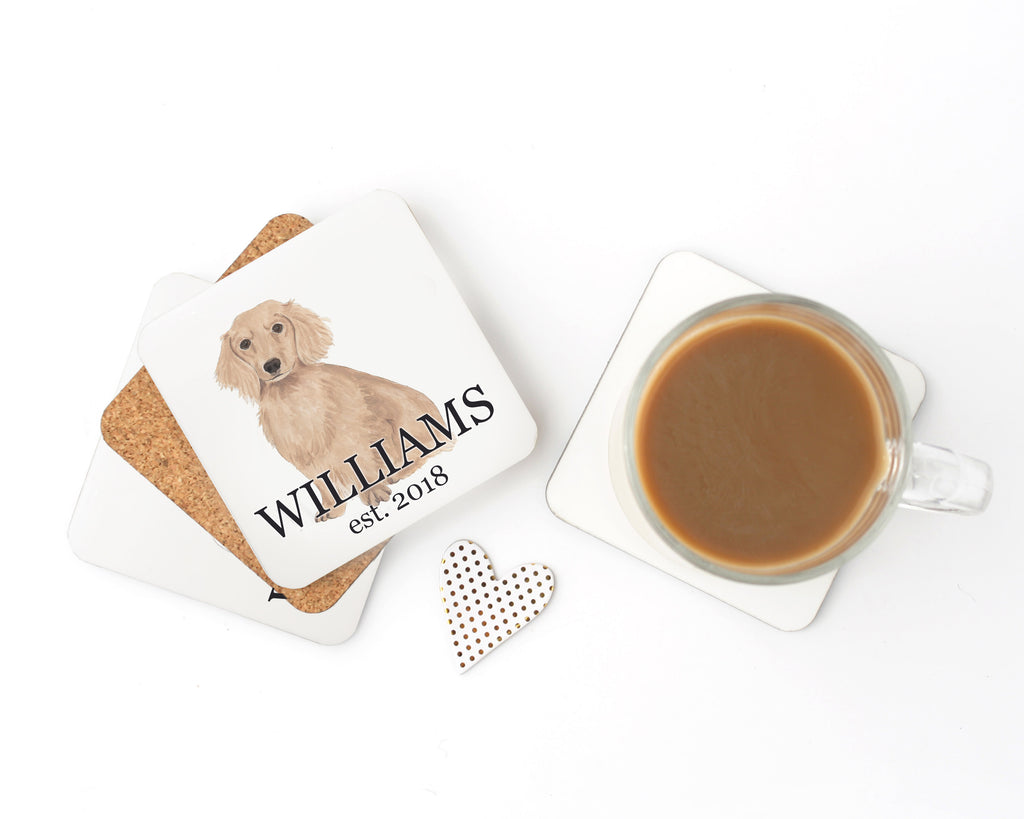 Personalized Dachshund (Long Haired, Red) Cork Back Coasters