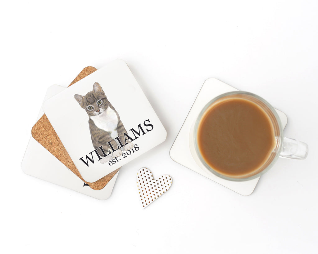 Personalized Tabby (Grey) Cork Back Coasters