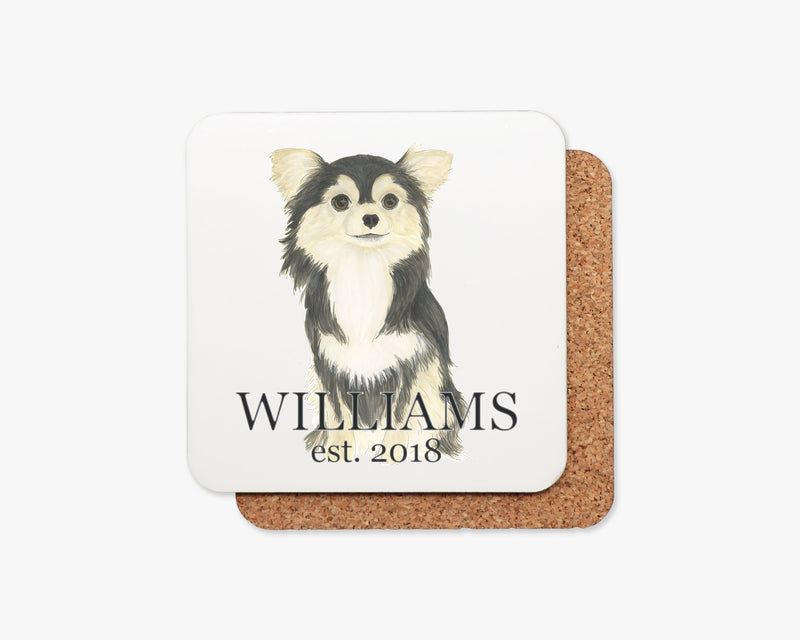 Personalized Chihuahua (Longhaired, Tricolor) Cork Back Coasters