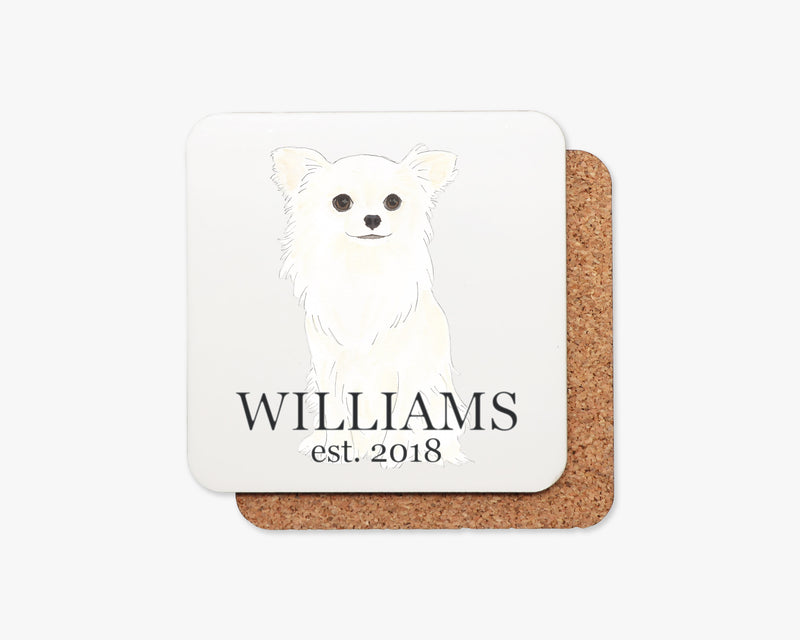 Personalized Chihuahua (Long Haired, White) Cork Back Coasters
