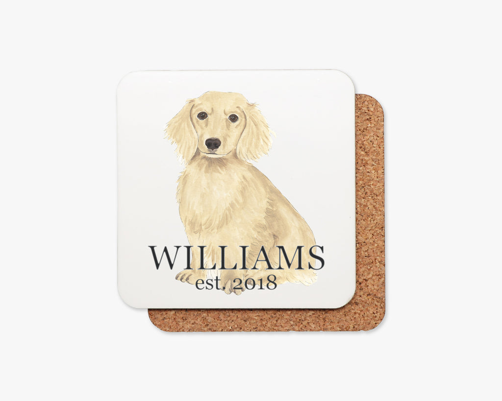 Personalized Dachshund (Long Haired, Cream) Cork Back Coasters
