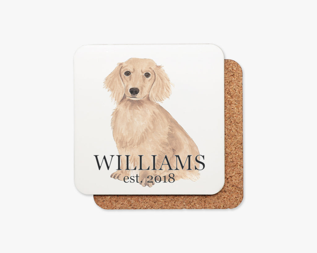 Personalized Dachshund (Long Haired, Red) Cork Back Coasters