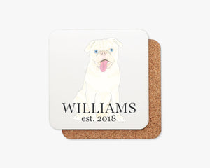 Personalized Pug (White) Cork Back Coasters