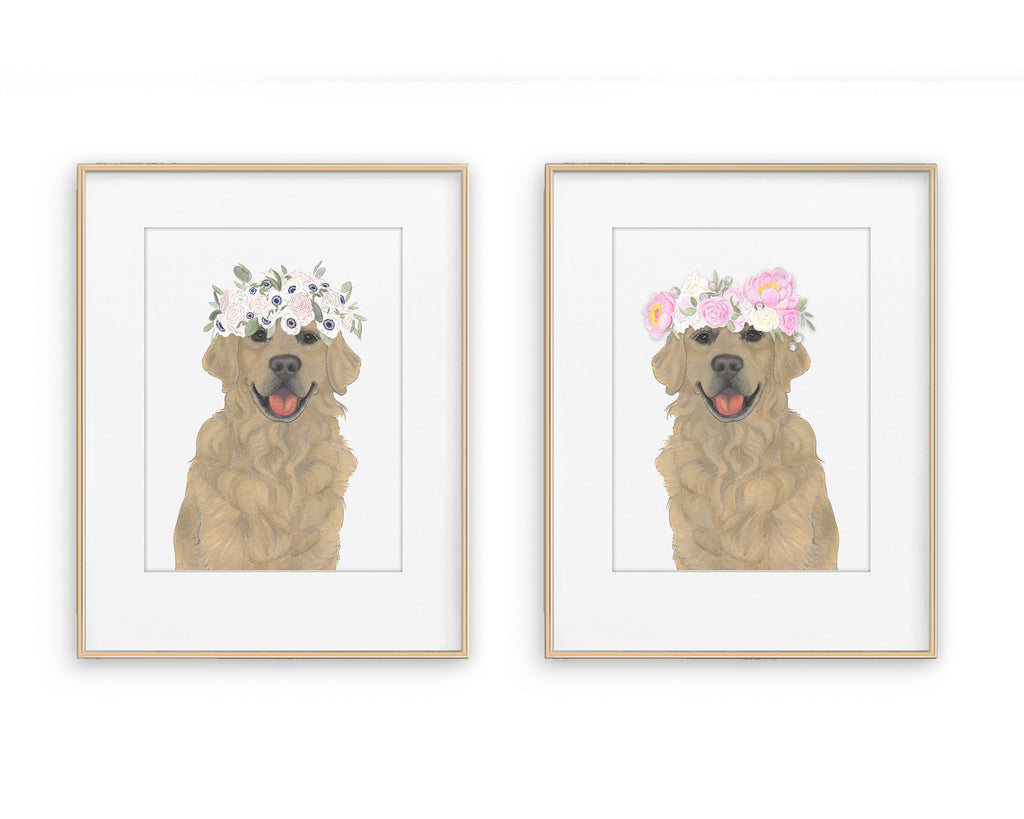 Golden Retrievers in Flowers Prints