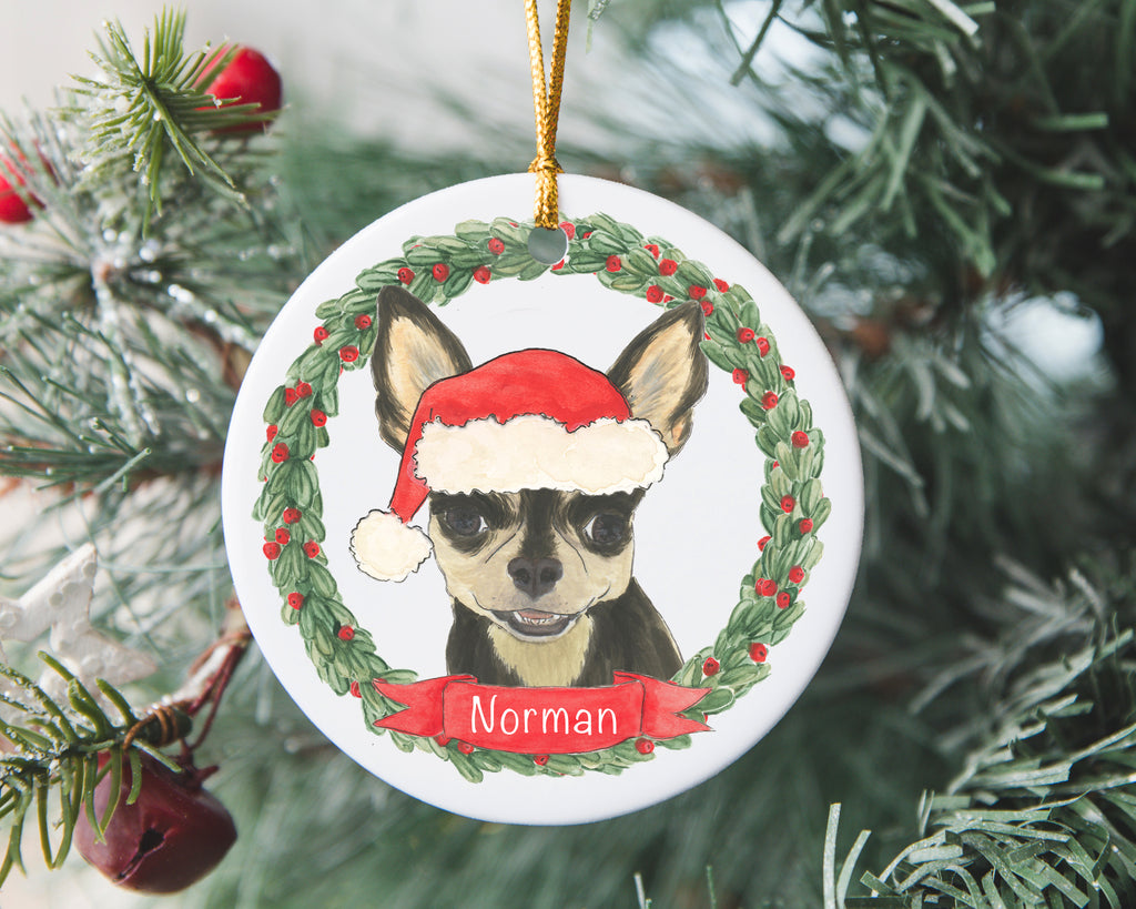 Personalized Chihuahua (Short Haired, Black & Tan Tricolor) Christmas Ornament
