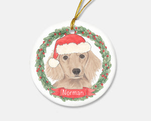 Personalized Dachshund (Long Haired, Red) Christmas Ornament