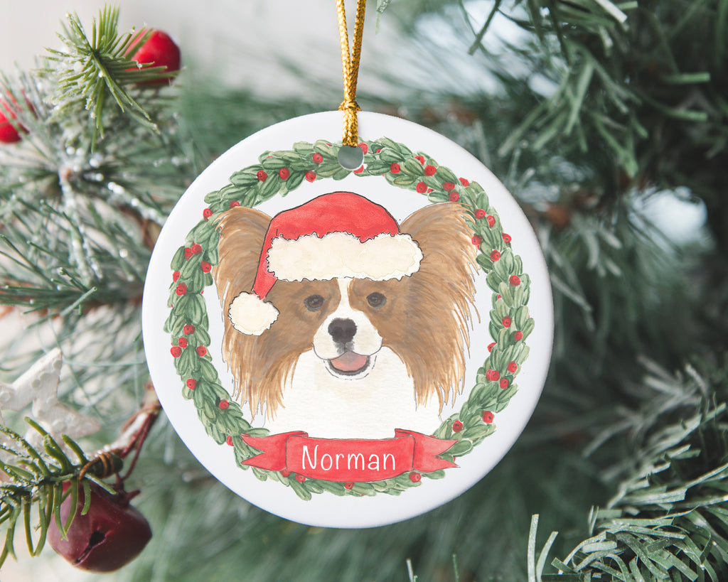 Personalized Papillon (Red & White) Christmas Ornament